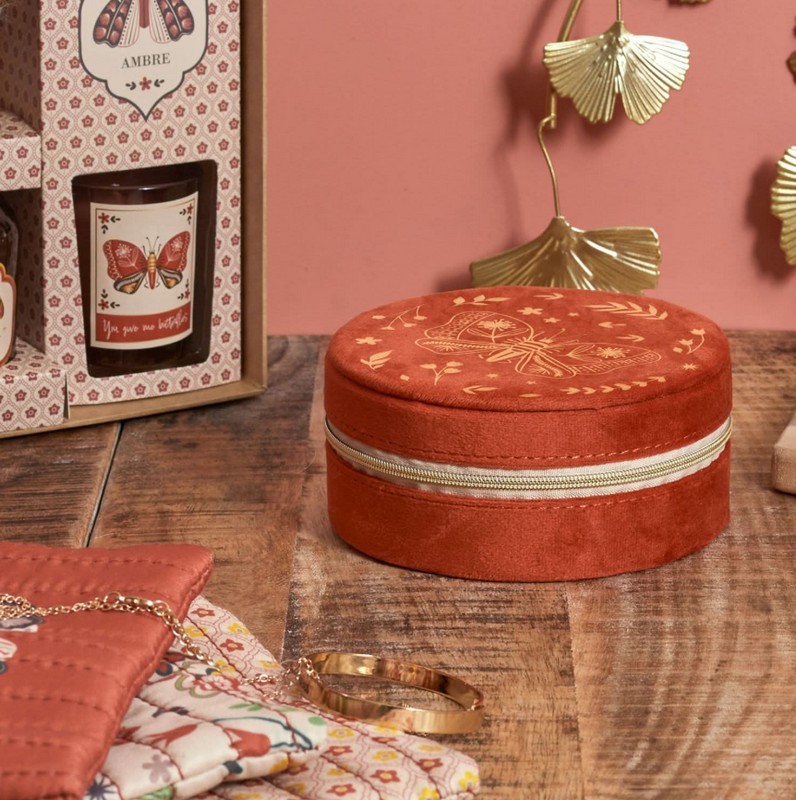 Portagioie portatile in velluto rosso decorato con farfalla, chiusura zip con 2 scomparti, porta anelli e tasca